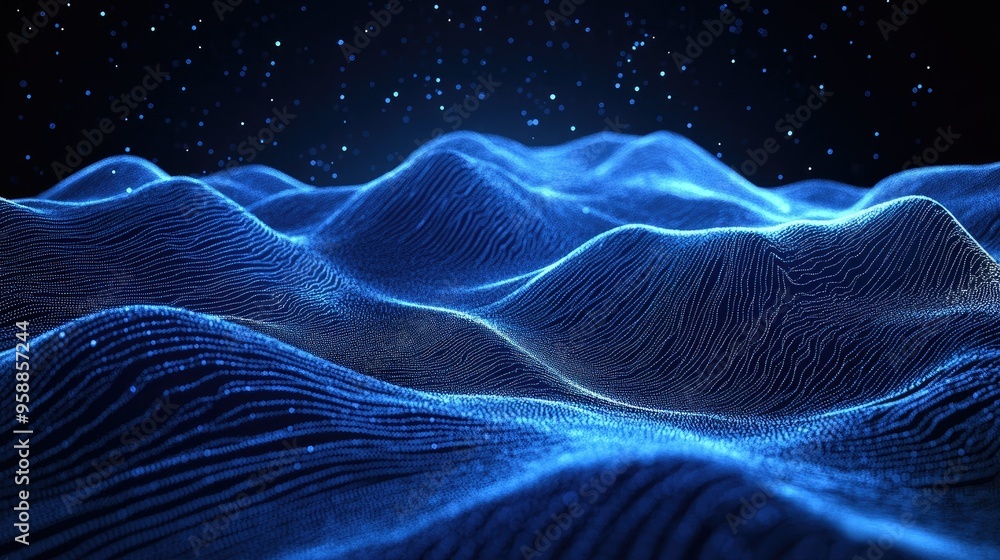 Poster 3d abstract landscape with flowing blue particle lines on a dark background, emphasizing the concept