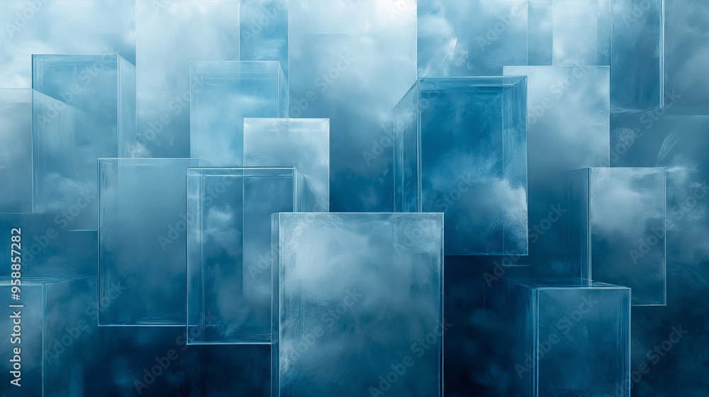 Poster abstract design featuring translucent blocks with clouds in a blue gradient background creating a se