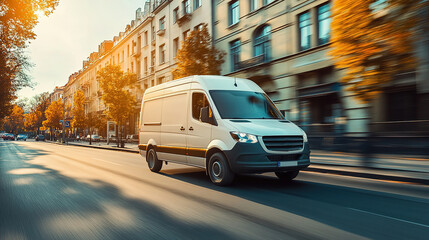 Fototapeta premium White modern delivery small shipment cargo courier van moving fast on motorway road to city