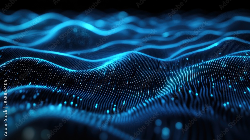 Poster 3d blue particles forming horizontal lines that ripple and undulate on a black background, perfect f