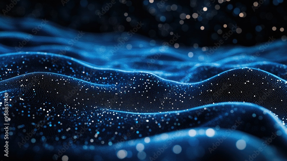 Poster 3d blue particles forming horizontal lines that ripple and undulate on a black background, perfect f