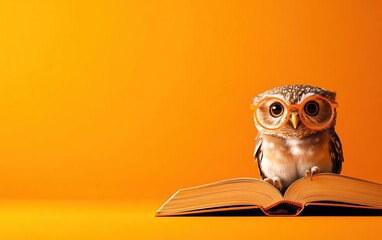 A cute owl wearing glasses sitting on an open book against a vibrant orange background, symbolizing knowledge and wisdom.