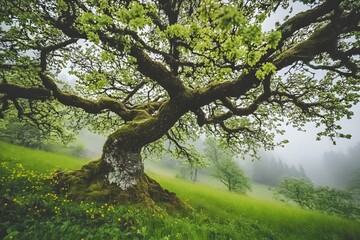 Fototapeta premium Large Tree in a Foggy Meadow