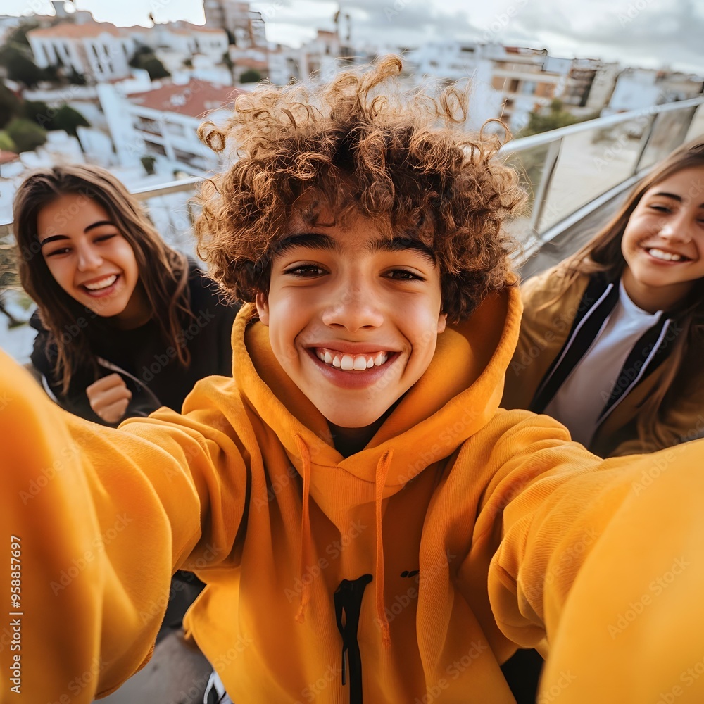 Wall mural smiling teenager taking selfie with friends on rooftop