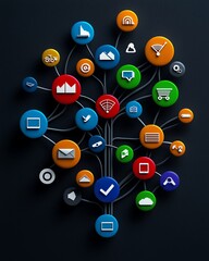 Colorful icons connected in a network, representing technology, communication, and digital interaction.