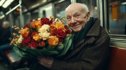 An elderly man holding a large bouquet of flowers, sitting on a subway train with a joyful expression on his face. 