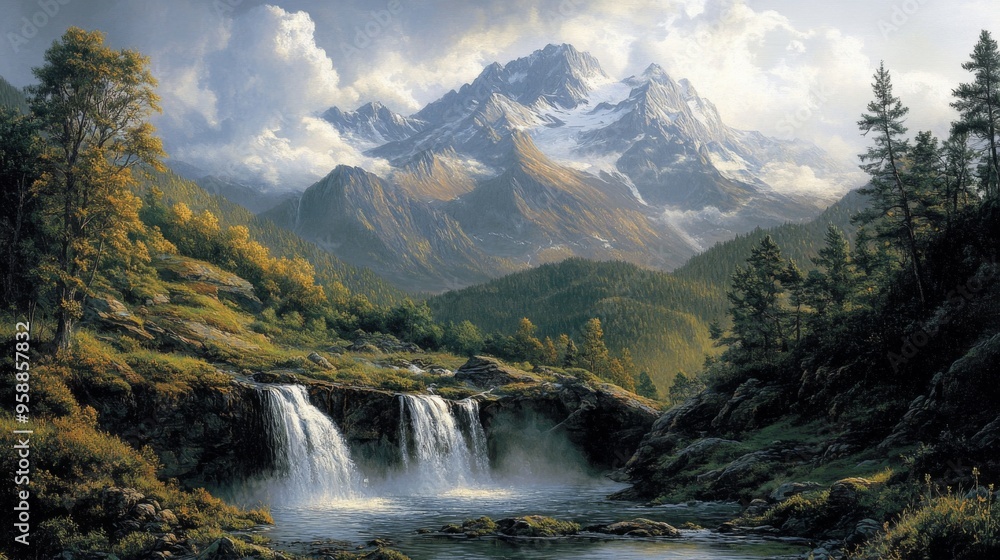 Sticker majestic mountain waterfall with lush forest and snowy peaks