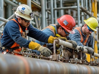 Construction Workers Welding Pipeline Industrial Site Safety Gear