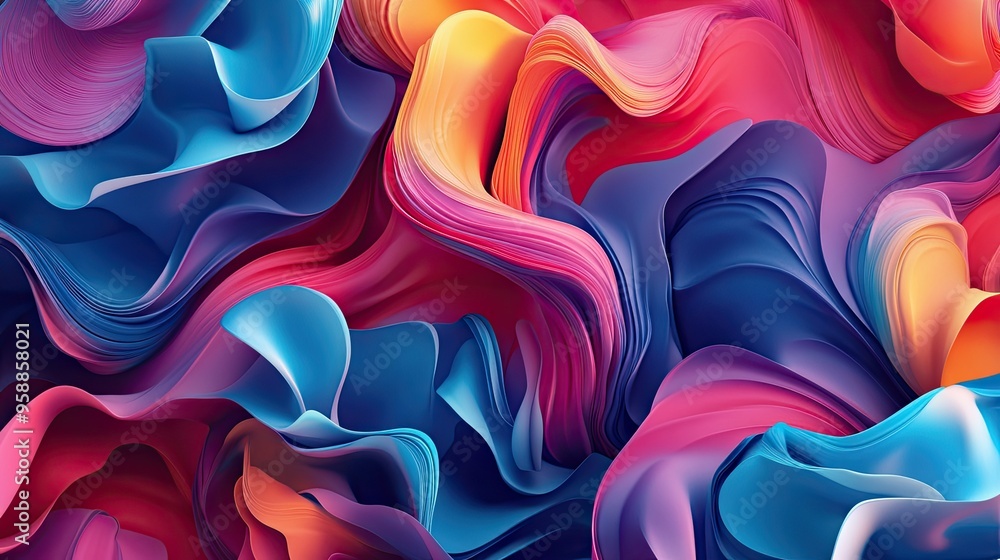 Poster 3d fluid shapes in bold, vivid colors intertwining in an abstract pattern, evoking a sense of moveme