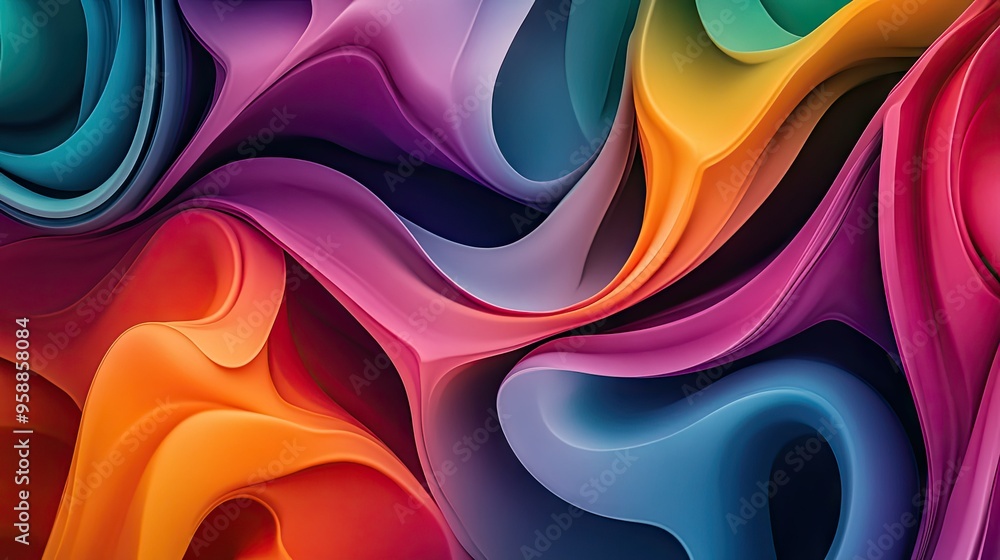 Poster 3d fluid shapes in bold, vivid colors intertwining in an abstract pattern, evoking a sense of moveme