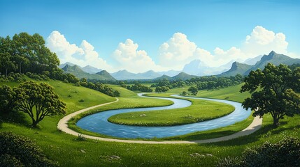 A serene landscape featuring a winding river that flows through lush green hills and under a clear blue sky with fluffy clouds.