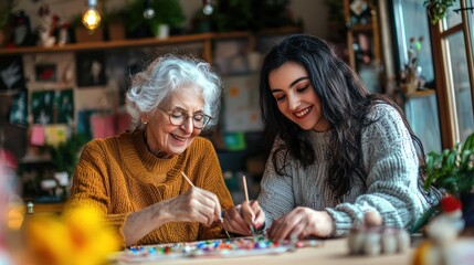 Fototapeta premium Old and young women working on a craft project side by side.