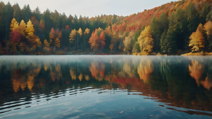 Obraz premium Tranquil autumn lake reflecting vibrant fall foliage in a serene forest setting during early morning hours