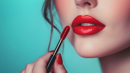 Woman Applying Red Lipstick Close Up