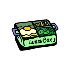 Vector illustration, lunch boxes with compartments containing potatoes, eggs, cucumbers