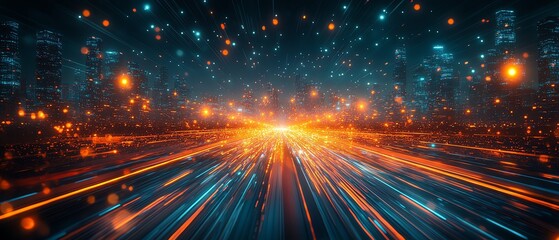 Glowing digital data streams flowing through a virtual cityscape, futuristic glowtime, tech innovation and connectivity