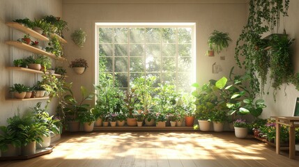 Fototapeta premium Sunlit Room Filled With Plants.