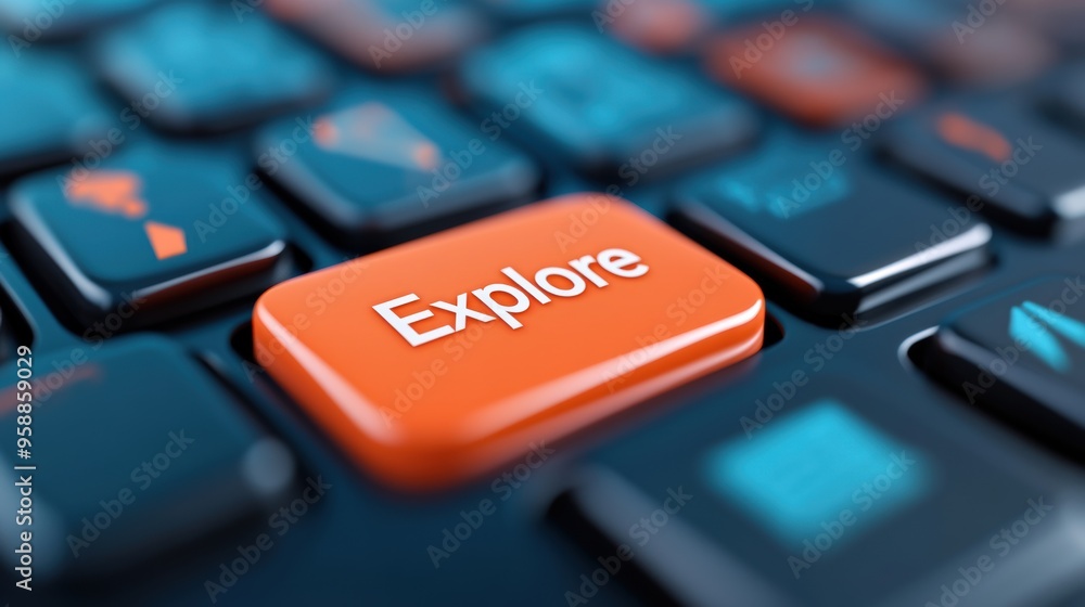 Poster a close up of a computer keyboard with an orange button labeled explore, ai