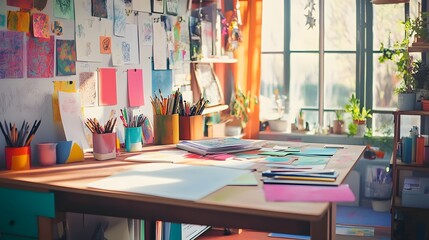 Creative Workspace with Colorful Supplies and Artwork