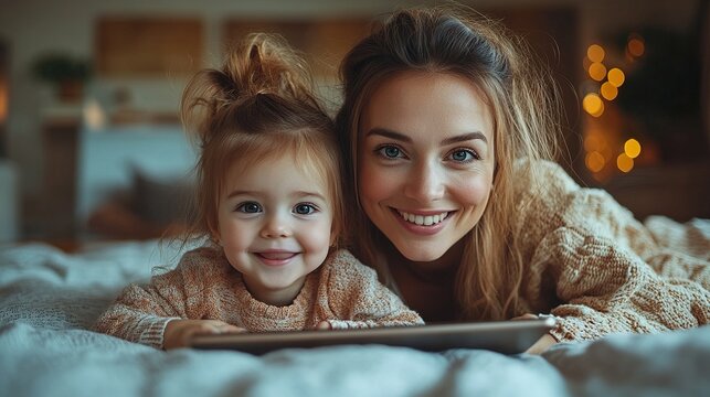 happy mother with her little daughter lying on bed and using tablet at home