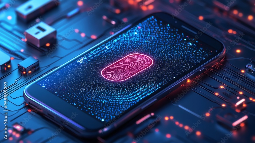 Aufkleber fingerprint scan on smartphone screen with circuit board background.