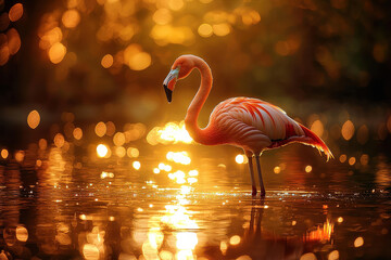 A lone flamingo stands elegantly in a sunlit pond, its reflection mirrored in the golden waters as the sun sets, casting a warm, serene glow across the tranquil scene.