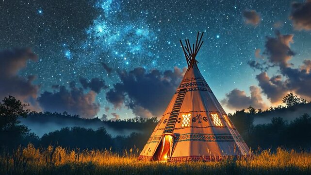 Night landscape with an Indian wigwam illuminated by the soft light of the moon