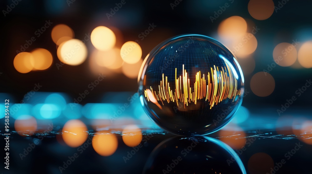 Poster a reflective glass sphere showcasing vibrant lights, creating mesmerizing patterns and depth against