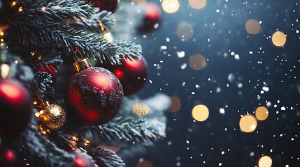 A close-up of a snow-covered Christmas tree with red and gold ornaments.  The background is blurred with warm, yellow lights and white snowflakes falling.