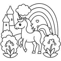 Unicorn and rainbow in a magical garden