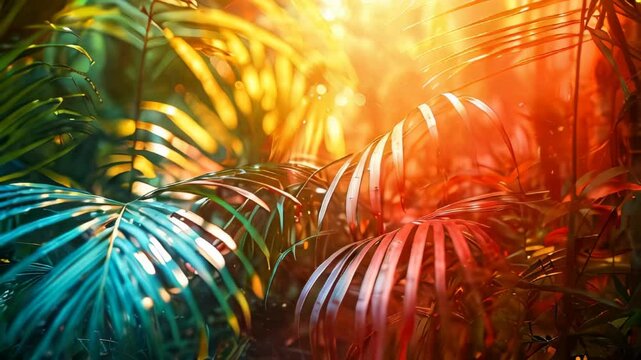 Summer background of tropical plants in rainbow color.