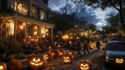 Fototapeta premium Trick-or-Treat Street with Kids in Costumes and Houses Decorated for a Spooky Halloween Night