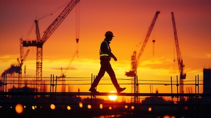 Silhouette of a worker walking on scaffolding, double exposure of cranes and industrial construction against a glowing skyline