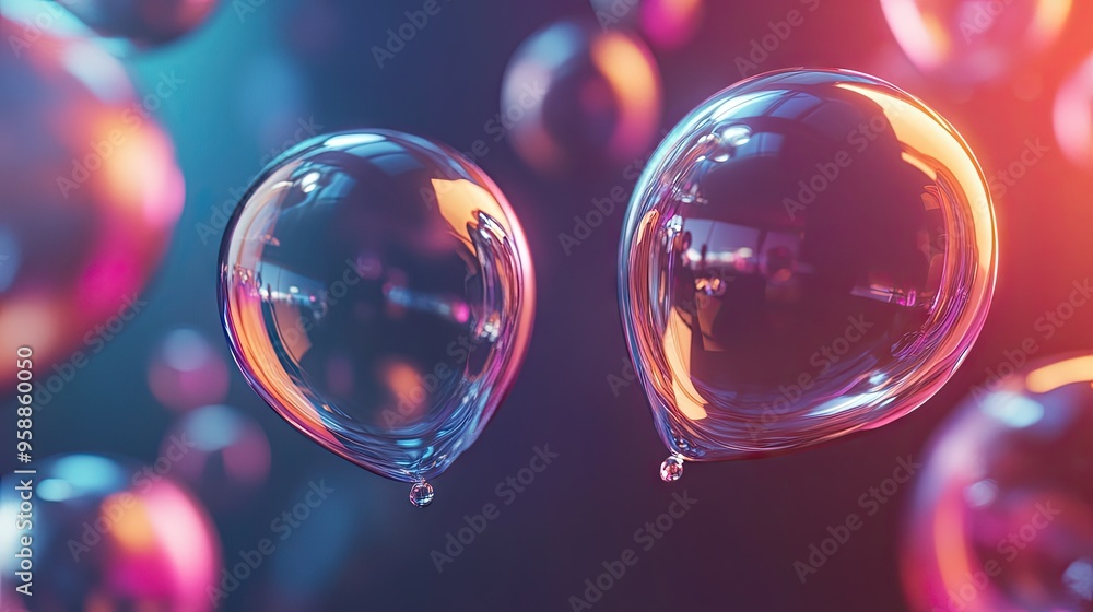 Poster 3d rendered shiny chat bubbles floating in an open room environment, reflecting light and creating a