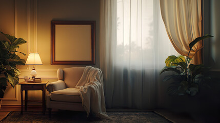 Sophisticated Living Room with Warm Light and Cozy Armchair