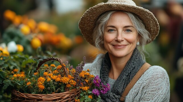 happy senior farmer holding basket with autumn harvest from her garden