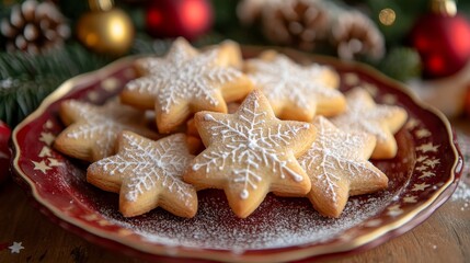 Snowflake Sugar Cookies: A delightful plate of homemade snowflake sugar cookies dusted with powdered sugar, nestled among festive Christmas decor. Perfect for holiday celebrations and sweet treats. 