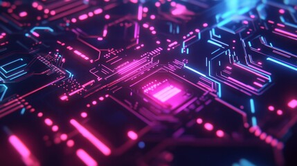 Obraz premium Abstract Futuristic Technology Circuit Board with Pink and Blue Neon Lights