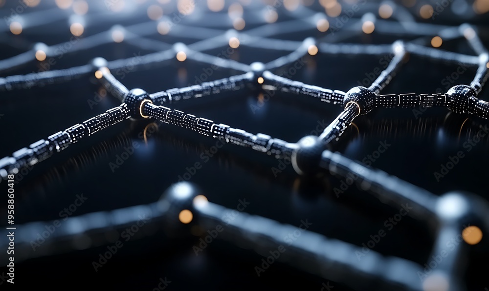 Poster interconnected network of metallic nodes with glowing lights
