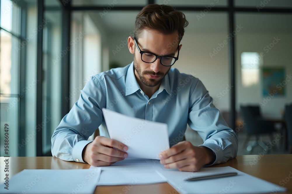 Wall mural Businessman Working At Desk Reading Documents