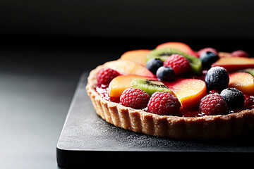 Visually appealing fruit tart topped with an assortment of fresh berries and fruit slices, offering a burst of color and flavor for a delectable and enticing dessert.
