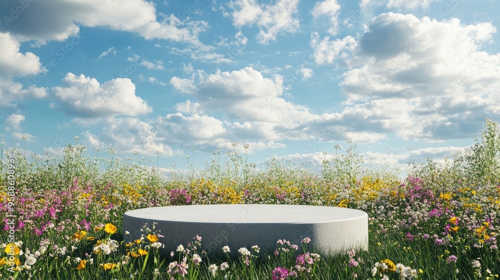 Aufkleber 3d rendering of a podium nestled in a field of blooming spring flowers, creating an ideal natural be
