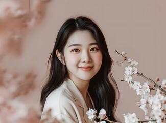 Fototapeta premium Beautiful Woman with Cherry Blossoms in Spring