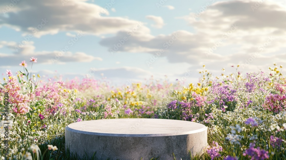 Poster 3d rendering of a podium nestled in a field of blooming spring flowers, creating an ideal natural be