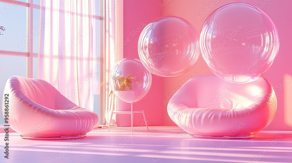 Fototapete 3d shiny chat bubbles drifting in a contemporary room with a minimalist design, highlighting the fut