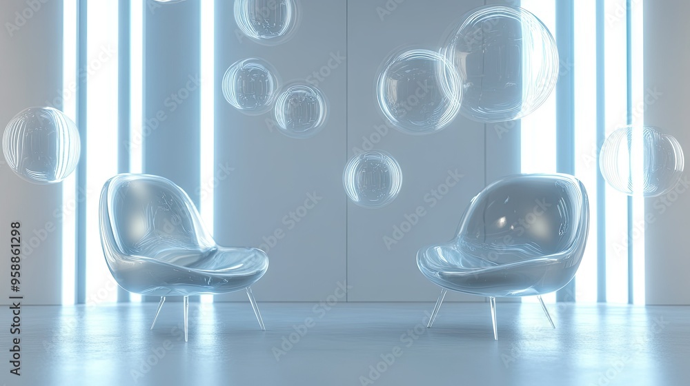Fototapete 3d shiny chat bubbles drifting in a contemporary room with a minimalist design, highlighting the fut
