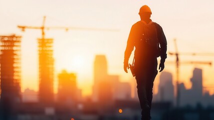 Silhouette of a worker in mid-step, double exposure of cranes and unfinished buildings merging into the skyline