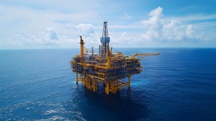 Offshore Oil Rig Platform in Ocean with Blue Sky and Clouds