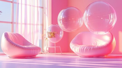 3D shiny chat bubbles drifting in a contemporary room with a minimalist design, highlighting the future of digital communication and tech.