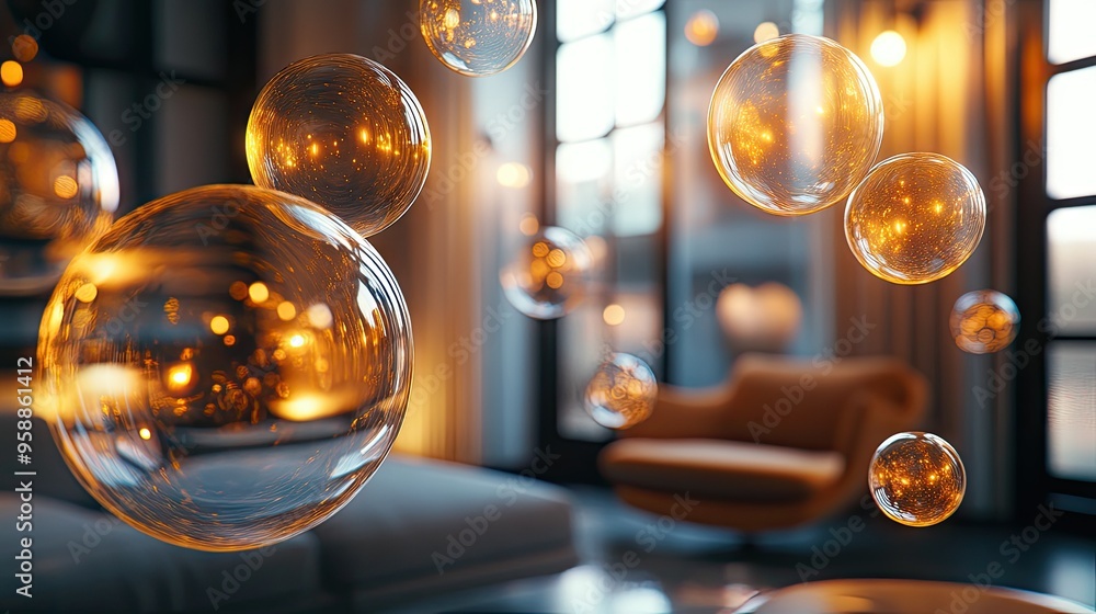 Poster 3d shiny chat bubbles hovering in a contemporary room with ample light, emphasizing advanced digital